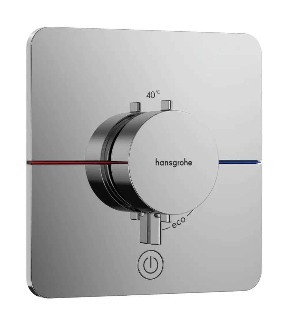 Thermostat aus verchromtem Material mit einem zentralen Regler für die Wassertemperatur, einem Eco-Modus und zwei Abgängen, Marke Hansgrohe.